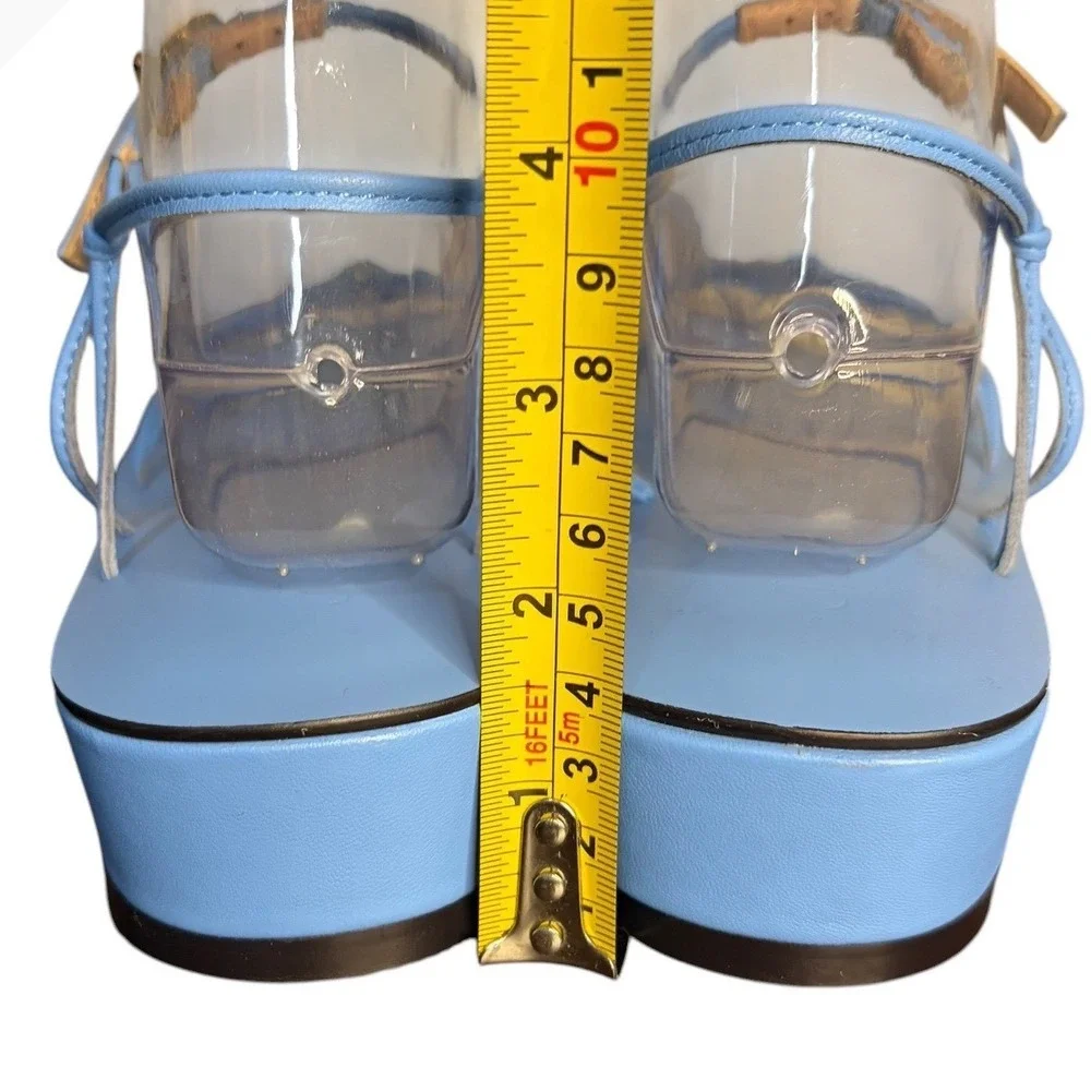 NWOB J.Crew Blue Strappy Leather‎ Wedge Sandals Bow Knot Women's Size 10.5